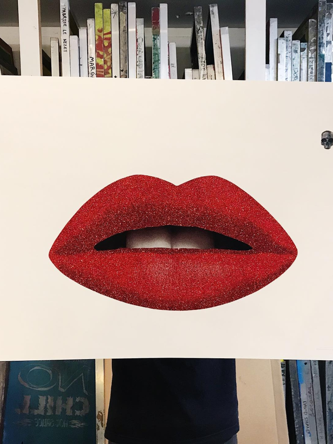 red glitter lips screen print