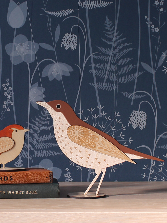 standing wooden thrush bird hand painted