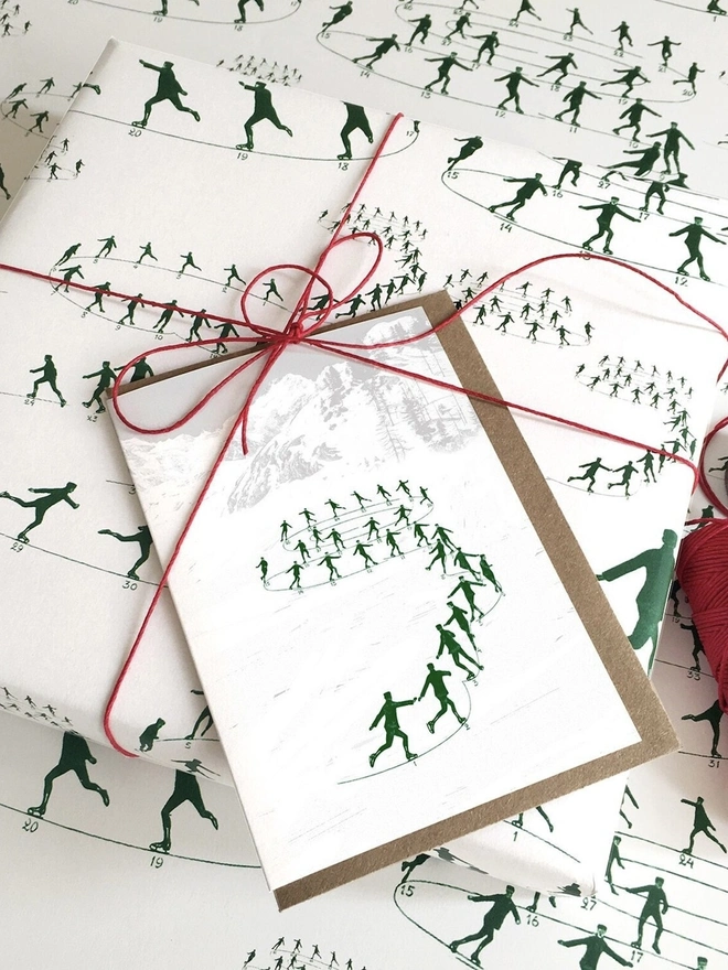 Vintage Ice Skating Christmas Card And Gift Wrap Bundle