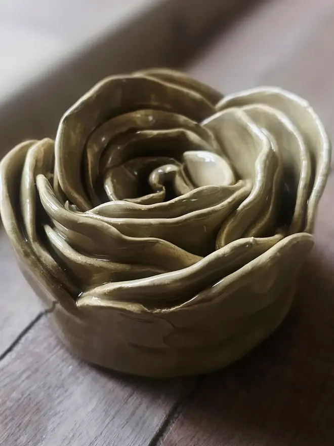 khaki sage olive green ceramic flower pottery art for wall sculpture handmade unique gift