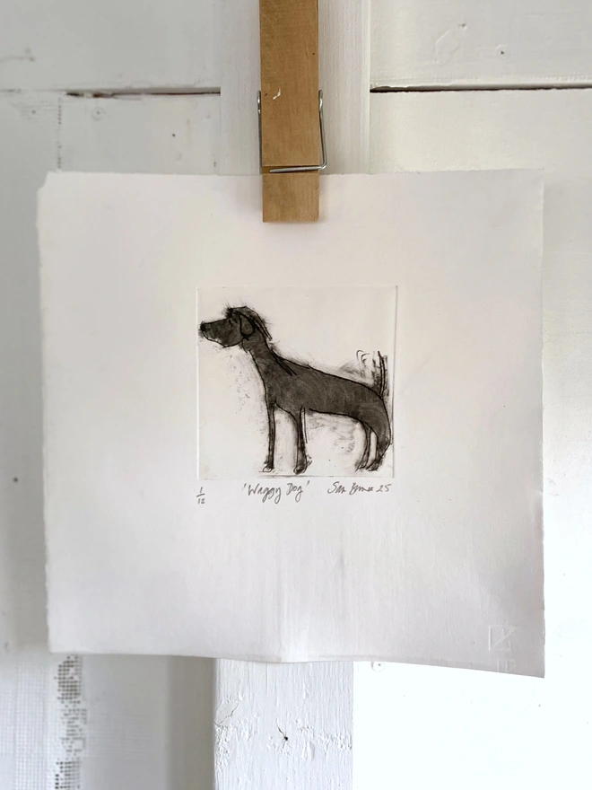 'Waggy Dog'. Handmade Drypoint Drawing by Samantha Barnes