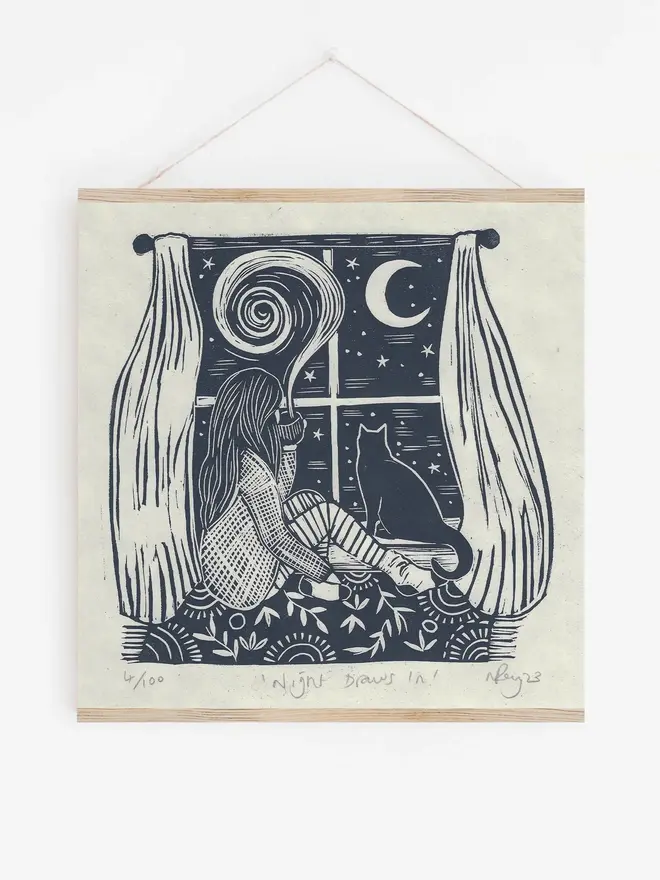 Night Draw Linocut Print