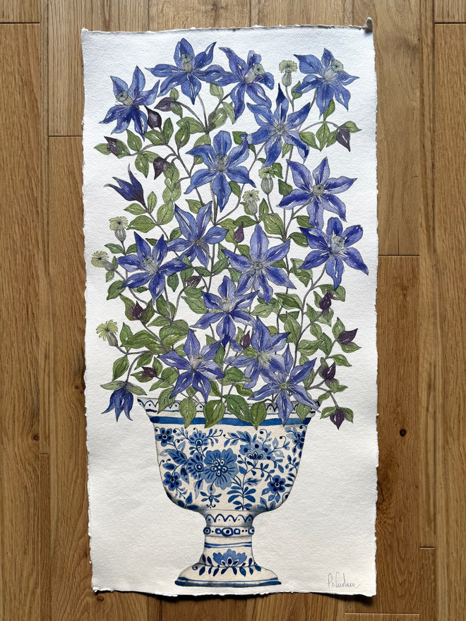 Clematis ‘Arabella’ in a delft vessel