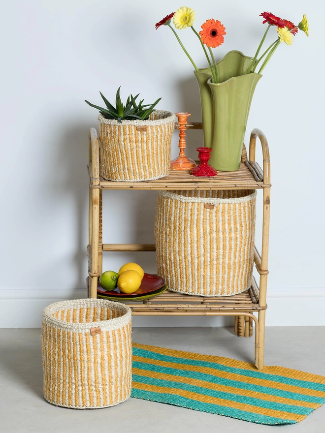 lifestyle gold pinstripe woven sisal baskets