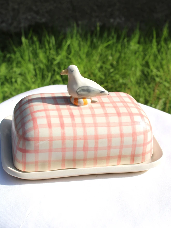 Seagull Butter Dish On Pink Gingham Background