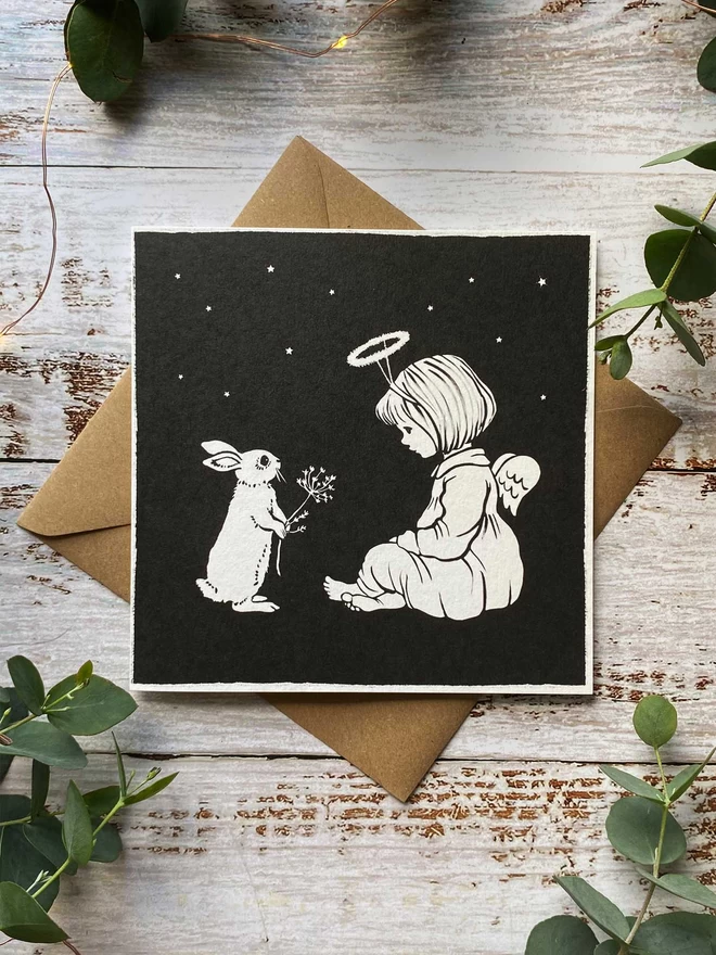 a sweet angel and bunny on a Christmas card with recycled Kraft envelope 