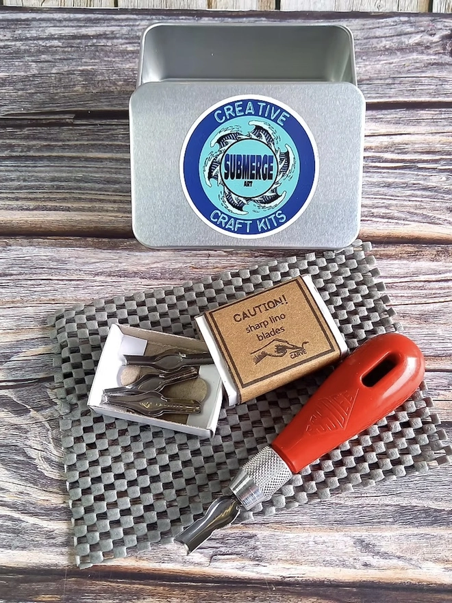 Mini Lino Carving & Block Printing Craft Kit, full kit unpacked