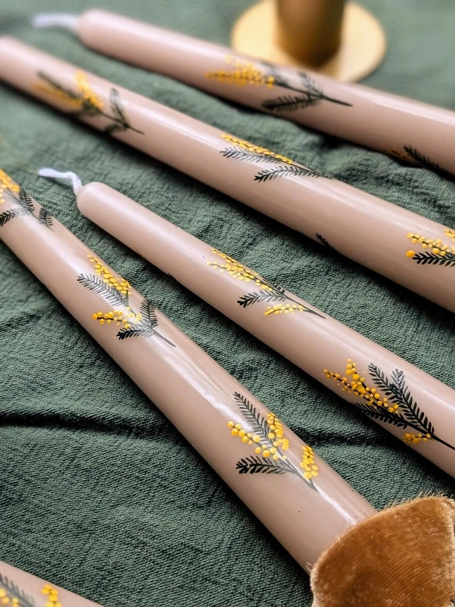 Oat Taper Candles With Mimosa Blossom Design