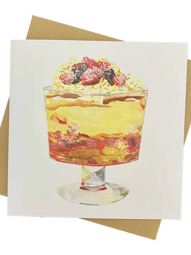 Trifle collage illustration on a card with brown envelope on a white background 
