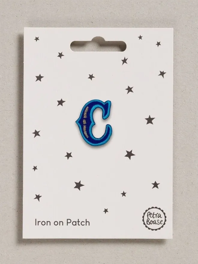 Letter C Blue iron on embroidered patch for personalising accessories and clothes.