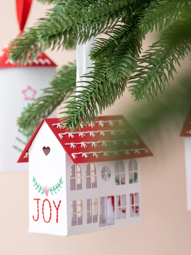 embroidery paper houses Christmas tree decoration DIY kit by My Papercut Forest