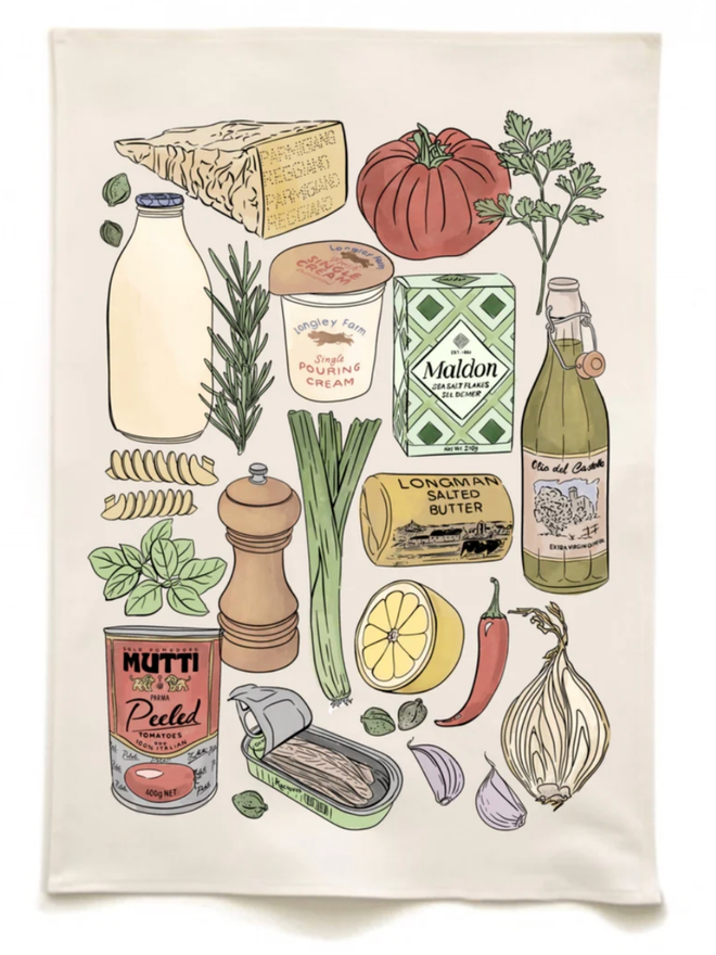 Cooking Essentials Tea Towel. A tea towel with illustrations of kitchen essentials like cheese, tomatoes, pasta.