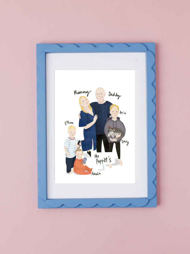 custom illustrated family portrait. portrait of family and dogs.