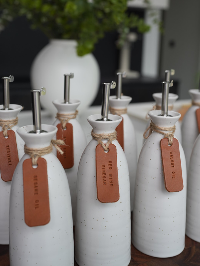 hand stamped leather oil labels