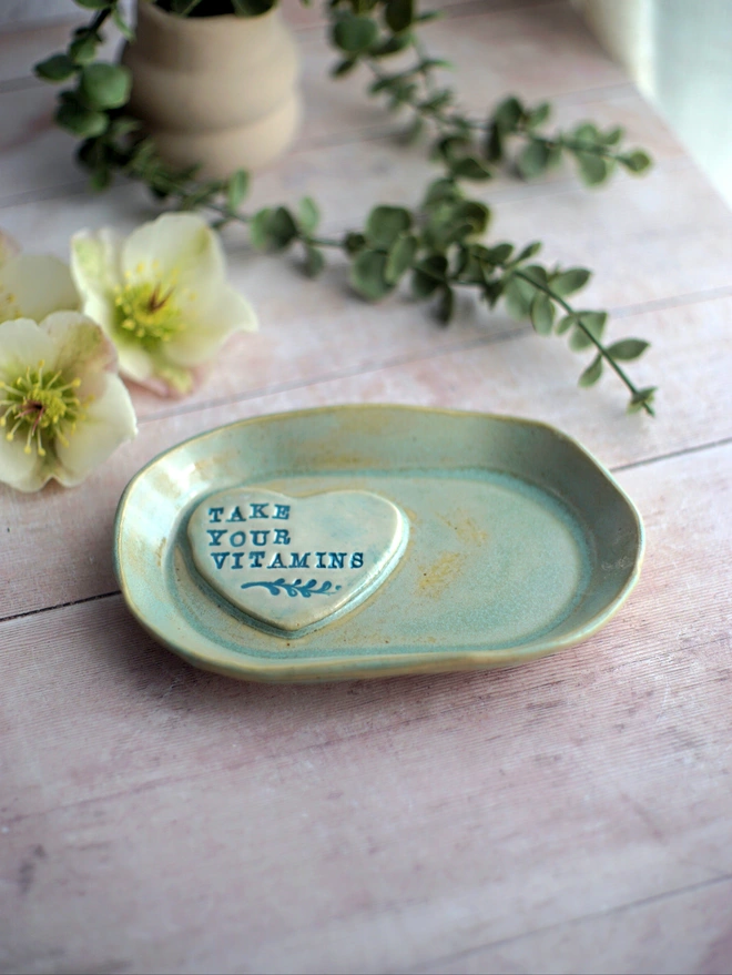 Take your vitamins dish, vitamin dish, ceramic trinket dish, ceramic jewellery dish, Jenny Hopps Pottery