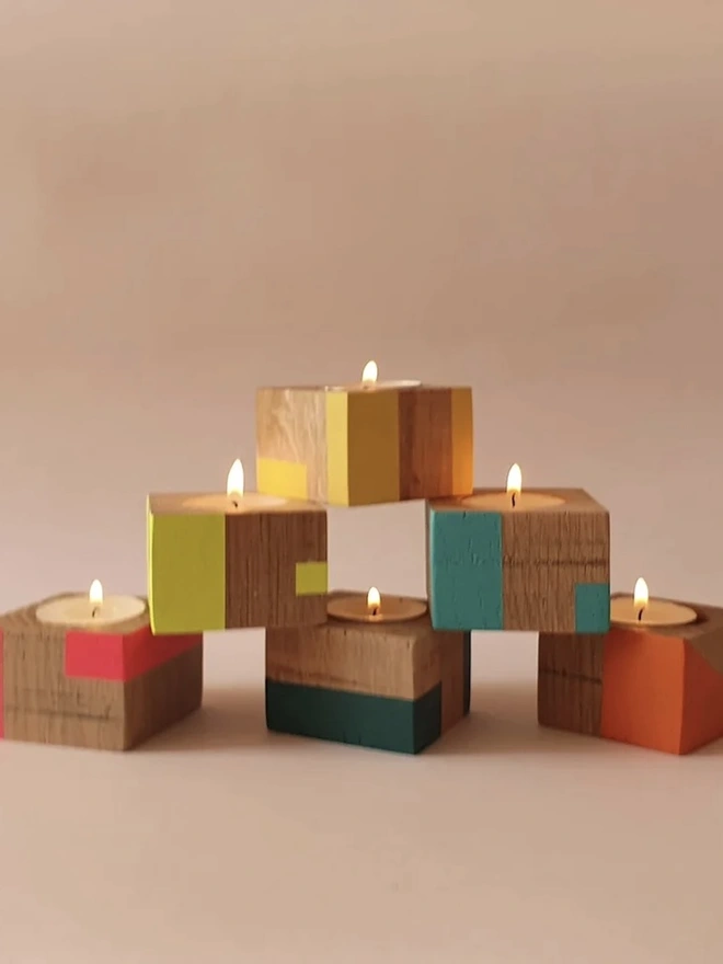 Tiny Stripe Design Wooden Cube Candle