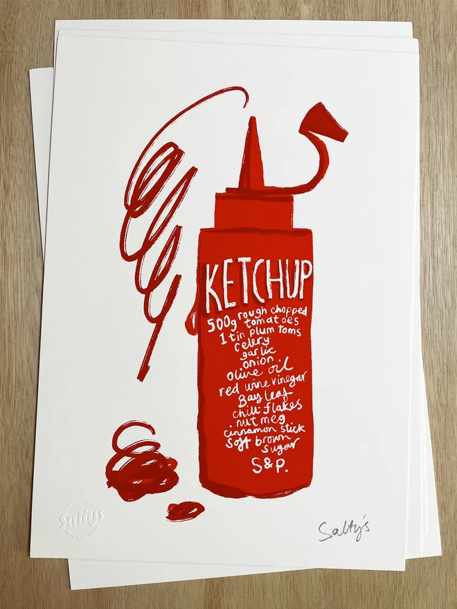 Full view of ketchup print on white A3 paper, a cafe style ketchup dispenser has a recipe for ketchup written on the side and a big scribble of ketchup squirting out of the top 