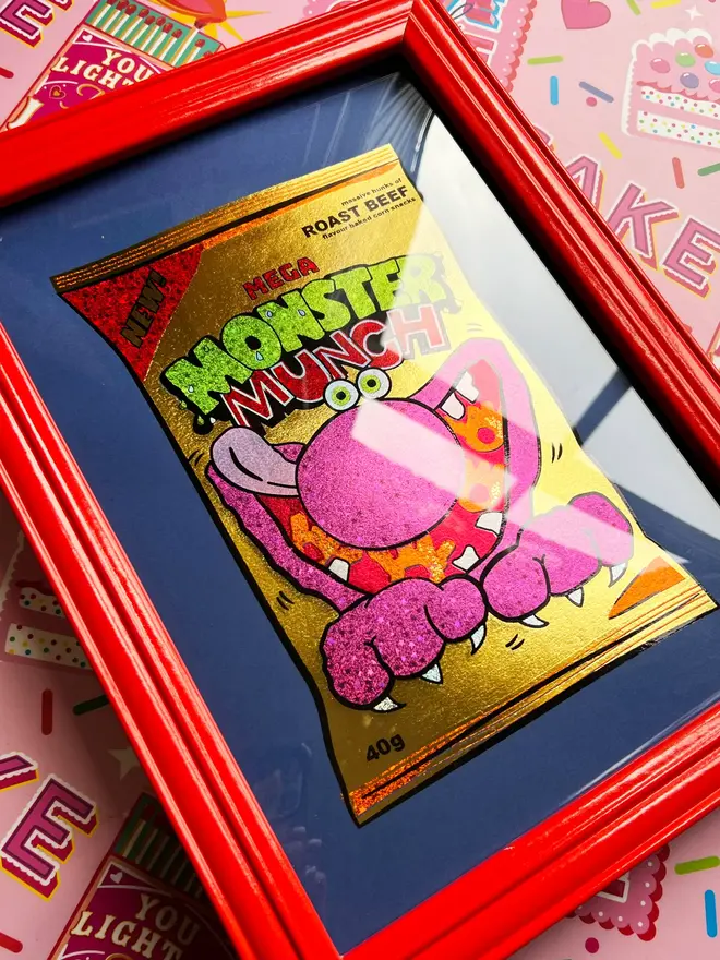 Monster Munch Roast Beef Print, a colourful monster munch print sitting on a decorated backdrop. 