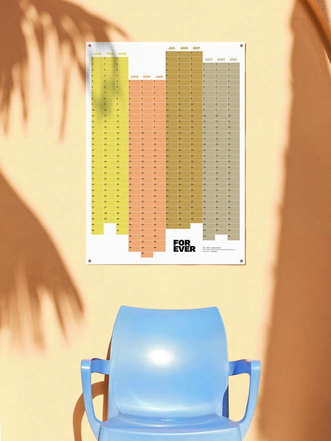 Joyful setting of yellow wall and blue chair, plant shadow and wall planner in earthy tones