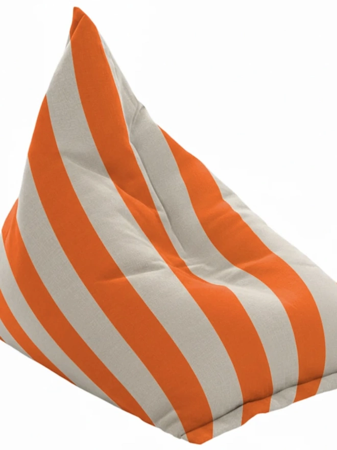 Hand Painted & Repurposed Linen Bean Bag Striped Chair, a colourful neon orange striped bean bag chair against a white background.