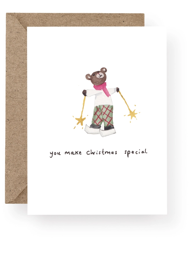 Iceskating Bear Gold Foil Christmas Card Set of 6 Cards 