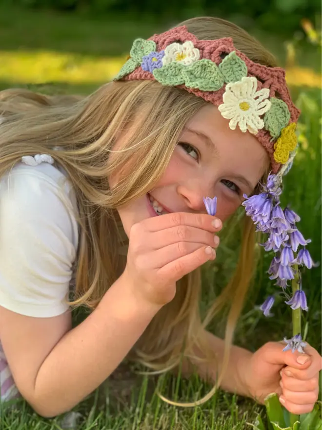 Child wearing Midsummer Solstice Flower Crown sold as a Crochet Kit