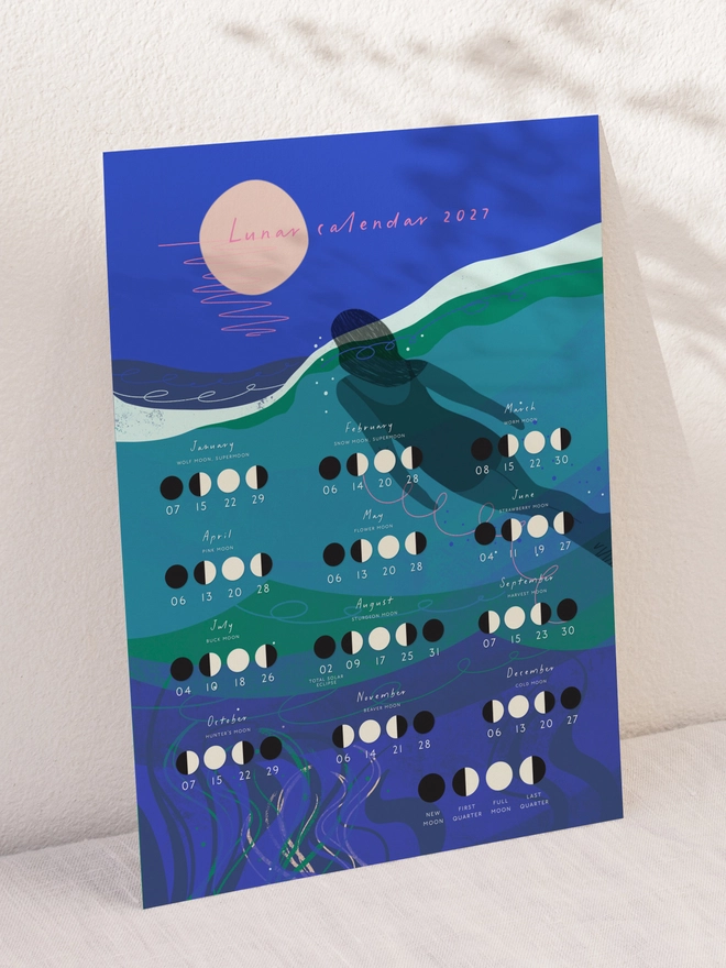 Lunar calendar 2027 moon cycles wild swimming nature print