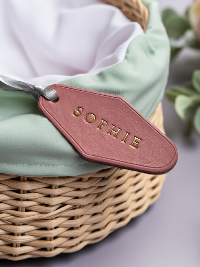 Pink leather label baby name