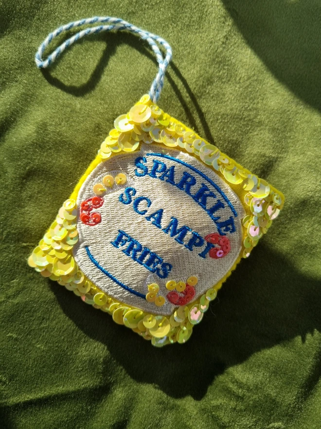 embroidered and embellished hanging scampi fries tree decoration