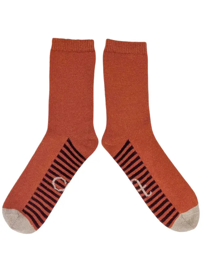 Men's Organic Cotten Striped Arch Ankle Socks, a pair of colourful patterned socks sitting on a plain white surface. 