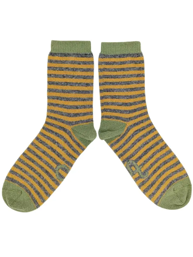 Women's Organic Cotten Striped Ankle Socks, a pair of striped ankle socks sitting on a plain white surface. 