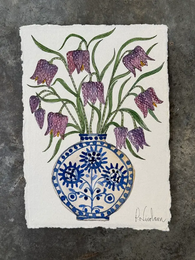 'Fritillary Flowers In Vase' Original Watercolour Painting