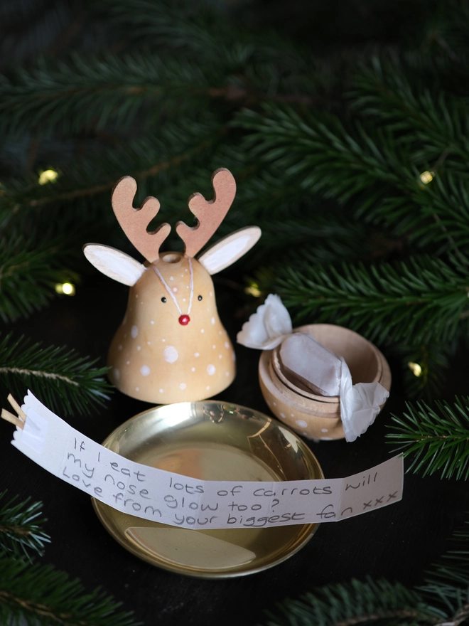 Handcrafted wooden Rudolph Christmas decoration opened to reveal a tiny “Dear Rudolph” note, 