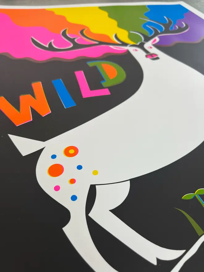 'Wild Vibes' Screenprint, a colourful screenprint of a deer that reads 'wild vibes'. 