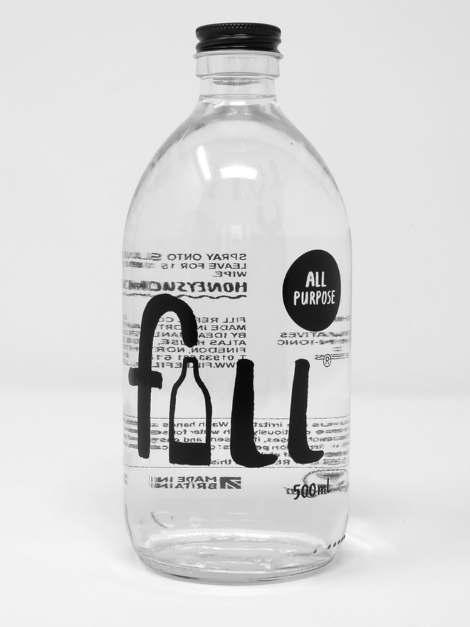 All Purpose. A 500ml glass bottle labelled Fill All Purpose.