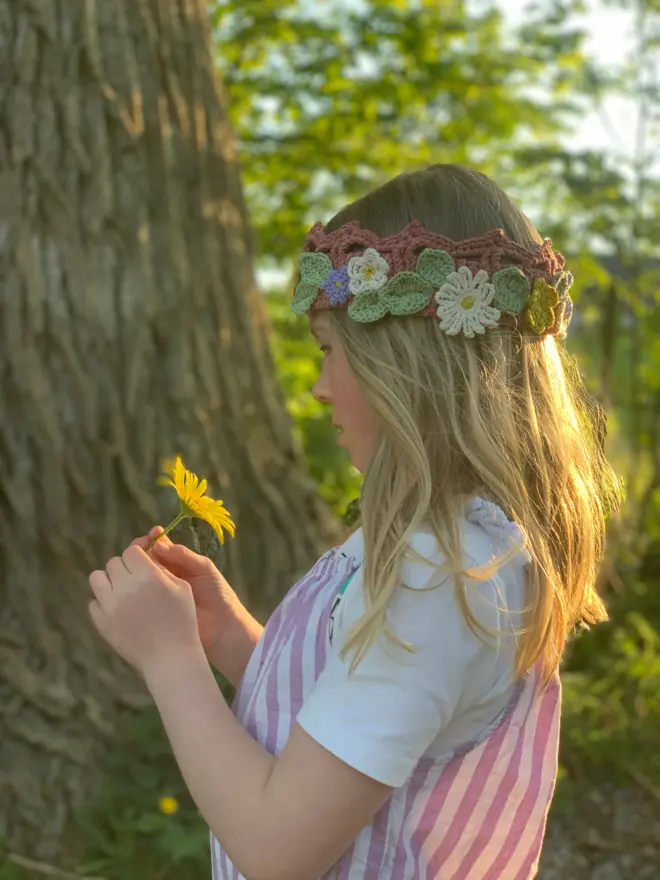 Child wearing Midsummer Solstice Flower Crown sold as a Crochet Kit
