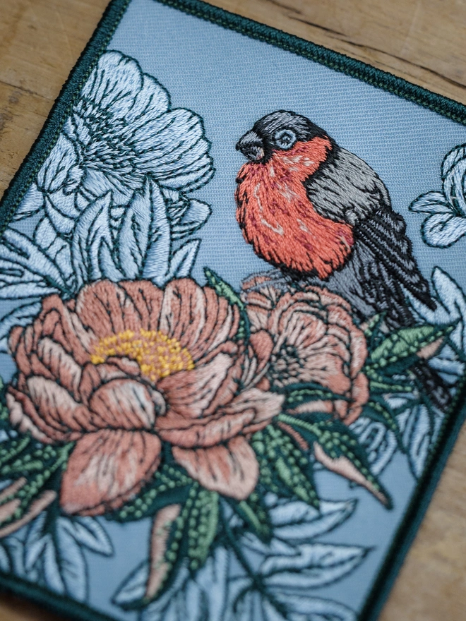 embroidered patch, embroidered card, bullfinch, peony, botanical, nature lover