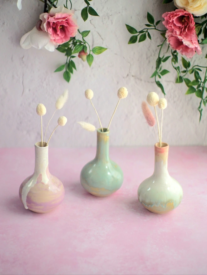 small bud vase, ceramic vase, small ceramic vase, bud vase, flower vase, mini vase, gift vase, pink vase, green vase, blue vase, purple vase, yellow vase, dried flower vase, Jenny Hopps pottery