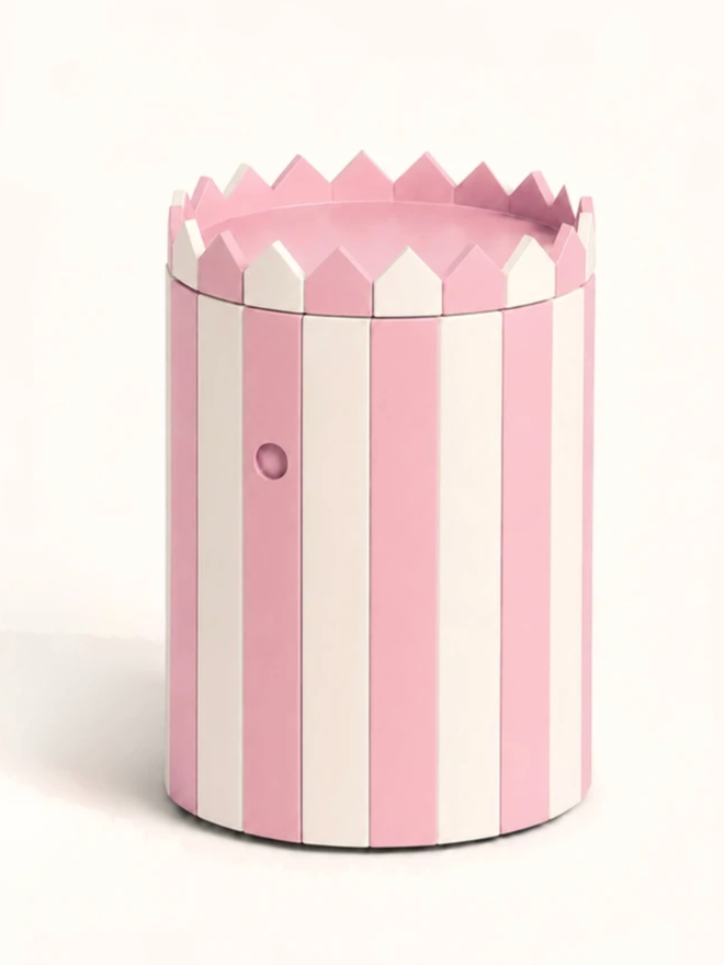 Low Barrel Table and Tray Set. A table and tray set in powder pink