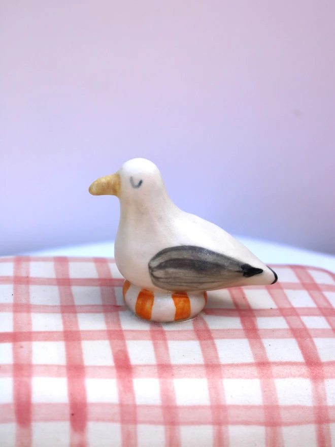 Seagull Butter Dish On Pink Gingham Background