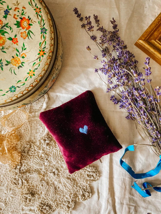 Handmade Velvet Lavender Bag with Embroidered Heart