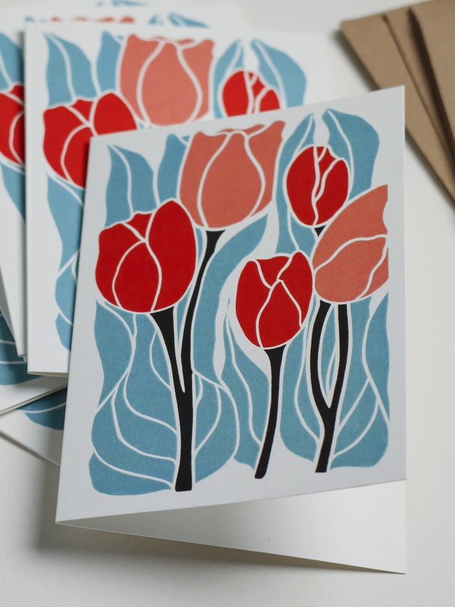 red and pink tulip flower greeting cards