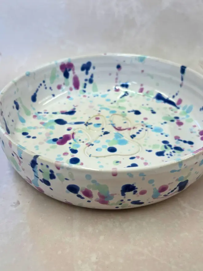 Sweetpea Dog Bowl, a colourful dog bowl placed on a stone surface. 