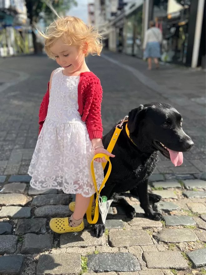 Child walking a dog with the Creature Clothes Biothane Dog Lead in yellow.