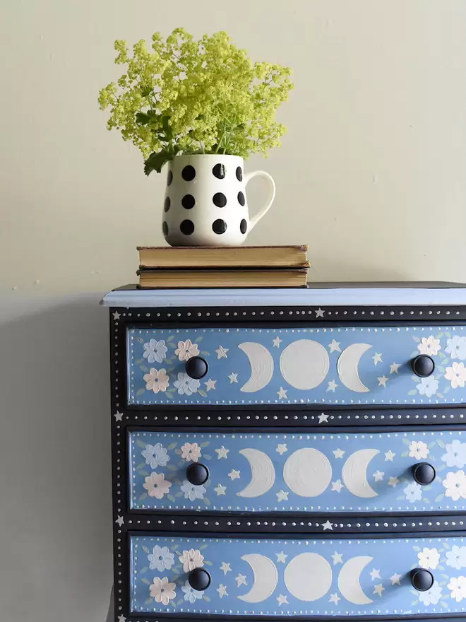 blue celestial folk art drawers storage bedside table vintage hand painted