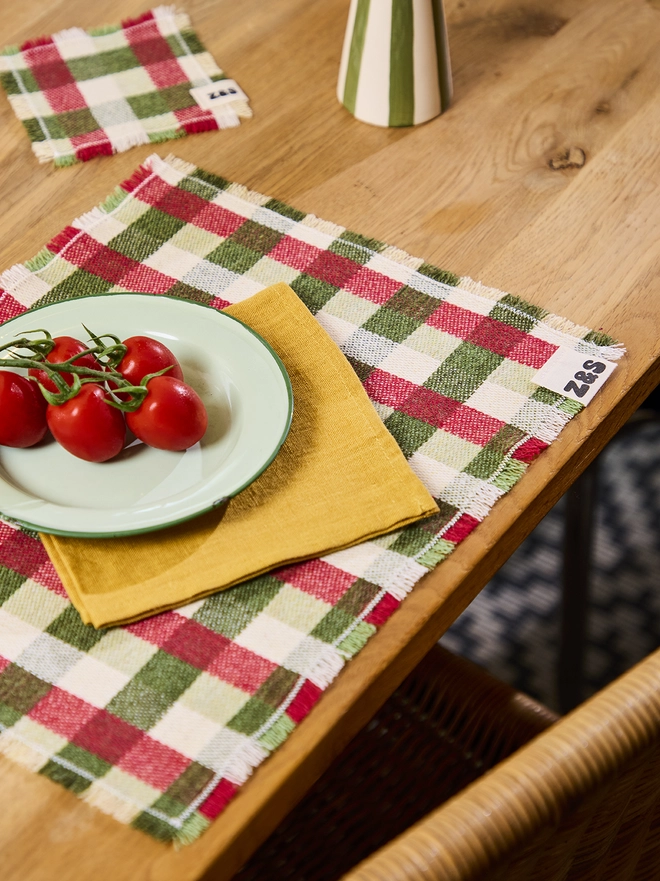 Sour Apple Coaster. Red and green coaster paired with Sour Apple Placemat.