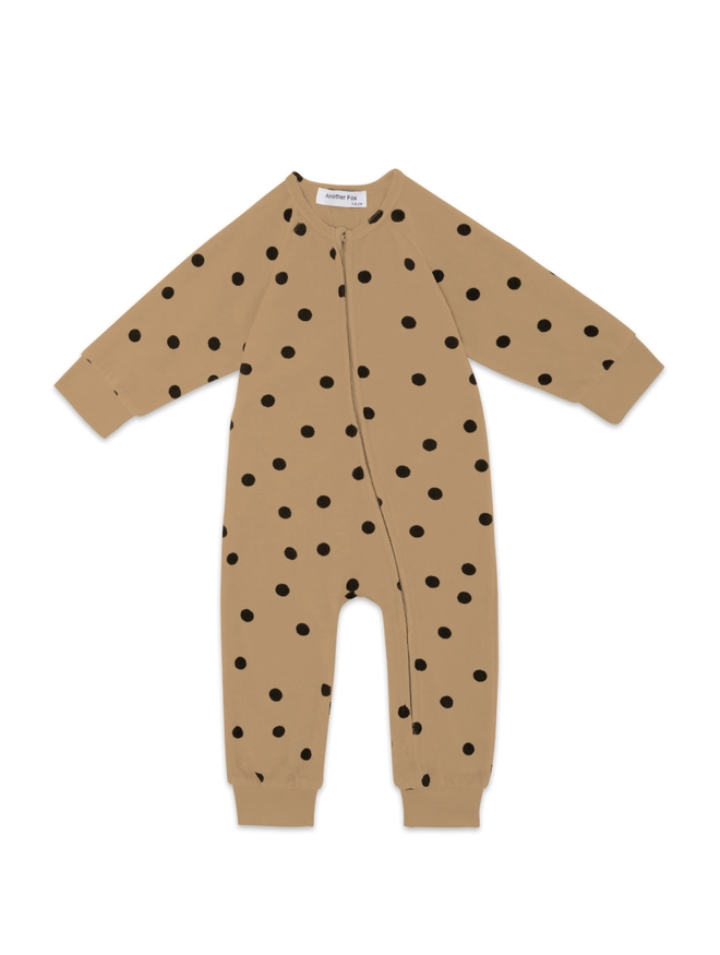 Another Fox Camel Terry Towel Spot Baby Sleepsuit seen against a white background.