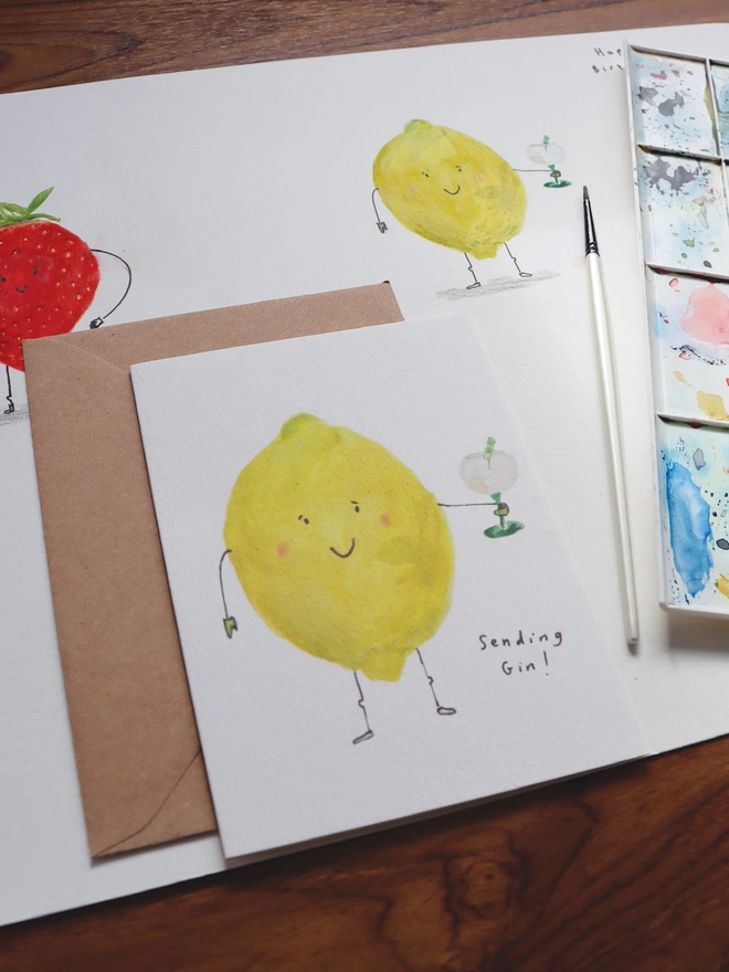 Sending Gin Greeting Card.  Illustrated Demo holding a Glass of Gin 