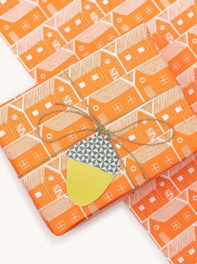 orange house shed pattern gift wrap