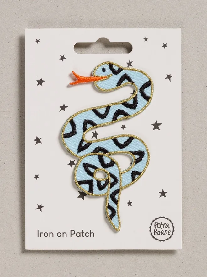 Embroidered blue snake iron on fabric patch